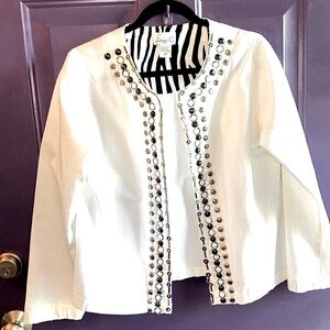 Emma G Denim Cotton Jacket M White Mixed Metal Beaded Embellished Glam